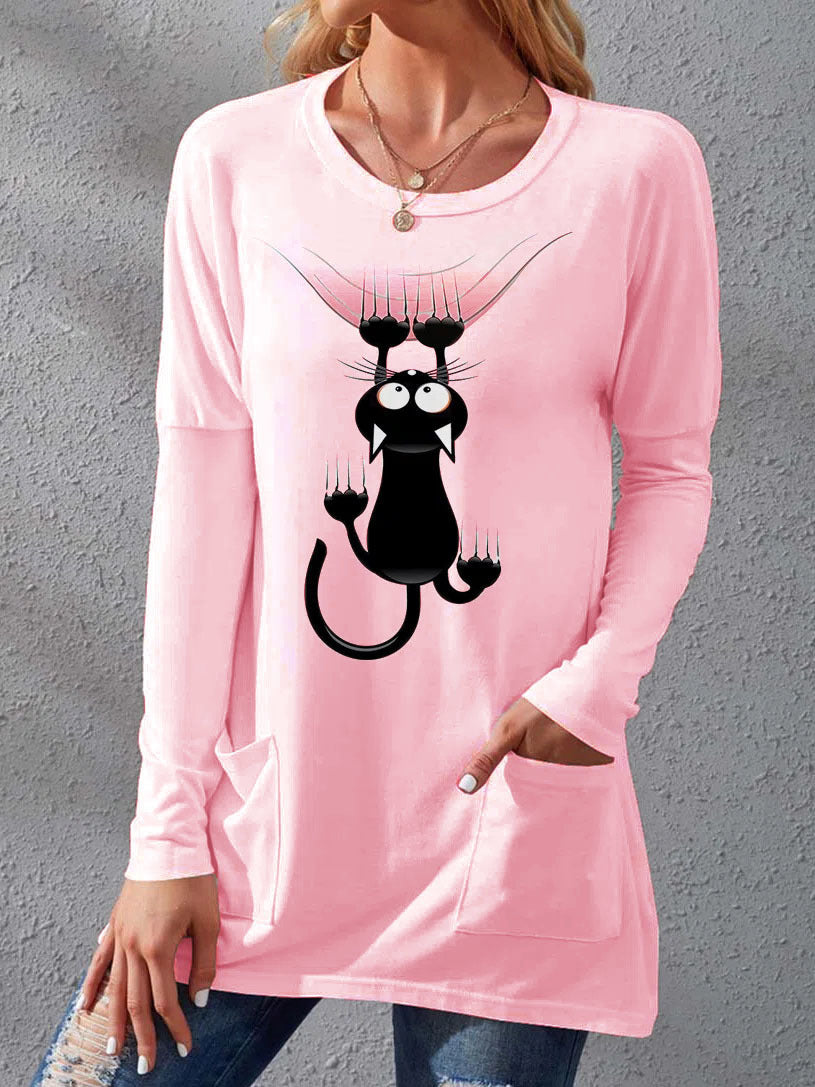 Women's Pocket Round Neck T-shirt Printed Loose Long Sleeve Dress