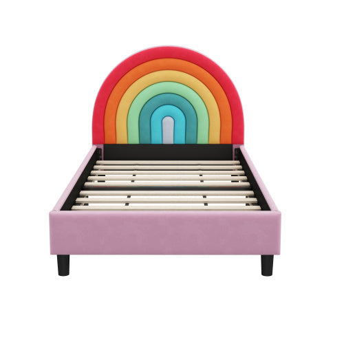 Cama individual tapizada con diseño de arcoíris, estilo princesa, para niños, niñas y adolescentes.
