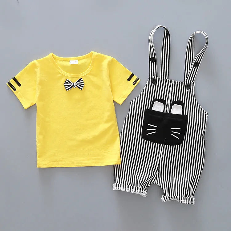 Directo de fábrica, ropa para niños guapos, traje coreano de dos piezas con correa de dibujos animados para bebés, traje de algodón de una generación A128
