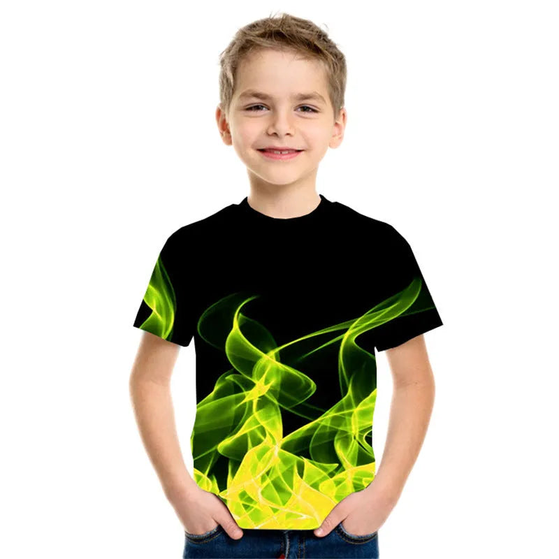 Camiseta de manga corta con estampado 3D de llamas de tres colores para niño nueva