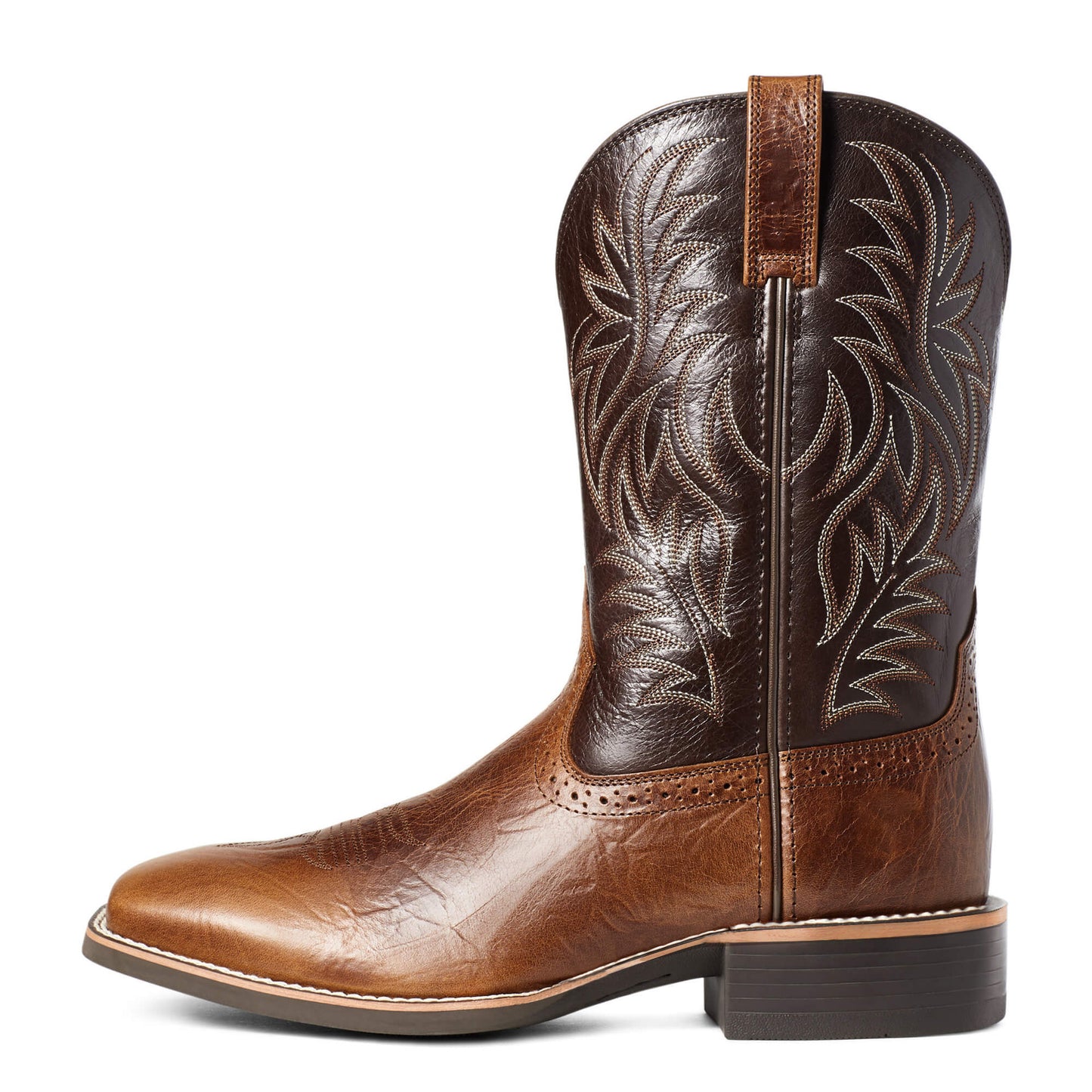Bota de vaquero occidental con cabeza ancha y costura con grabado vintage y bordado alto