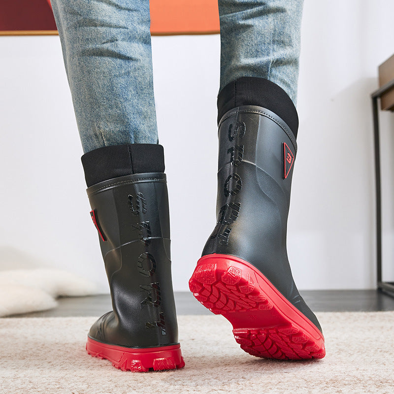 Botas de lluvia térmicas para hombre, tubo medio alto de algodón fijo