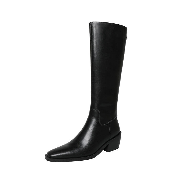 Botas altas de piel de vaca blanca con punta cuadrada, tacón medio y tacón grueso, estilo británico, con cremallera trasera