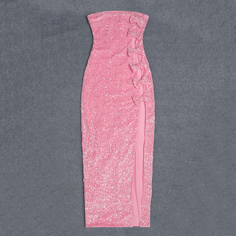 Vestido largo ajustado con hombros descubiertos y lentejuelas para mujer, con lazo y espalda descubierta