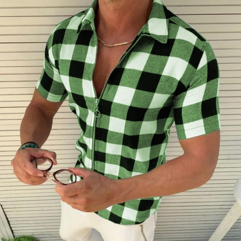 Camiseta a cuadros para hombre con cremallera camisas de manga corta ropa de verano para hombres