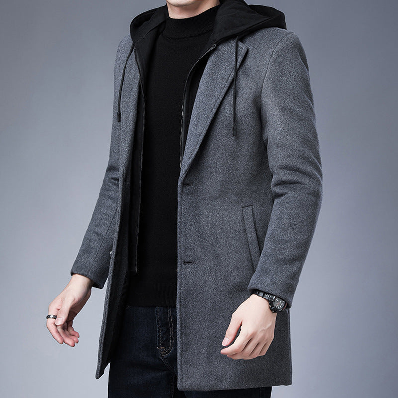 Chaqueta de abrigo de invierno de lana con capucha desmontable para hombre de longitud media con un solo pecho