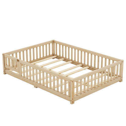 Cama de tamaño completo con barandillas de seguridad y puerta para niños, color natural