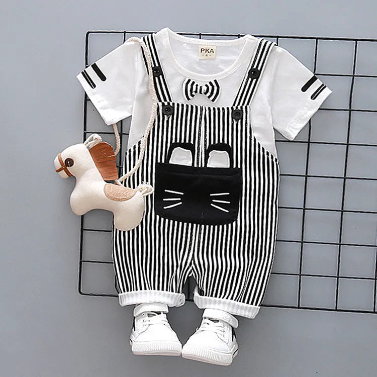 Directo de fábrica, ropa para niños guapos, traje coreano de dos piezas con correa de dibujos animados para bebés, traje de algodón de una generación A128