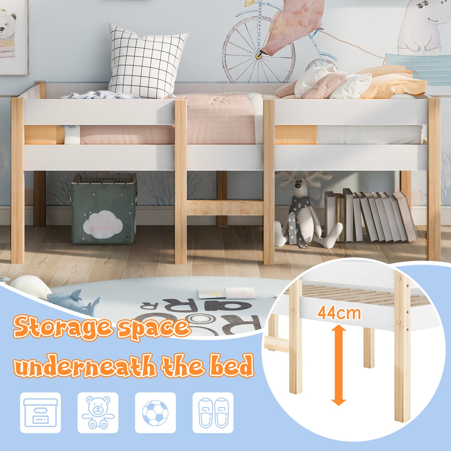 Cama infantil de pino de 90 x 190 cm