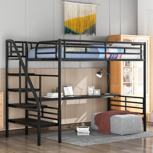 Cama alta de metal con escritorio, sin somier, tamaño individual, color negro