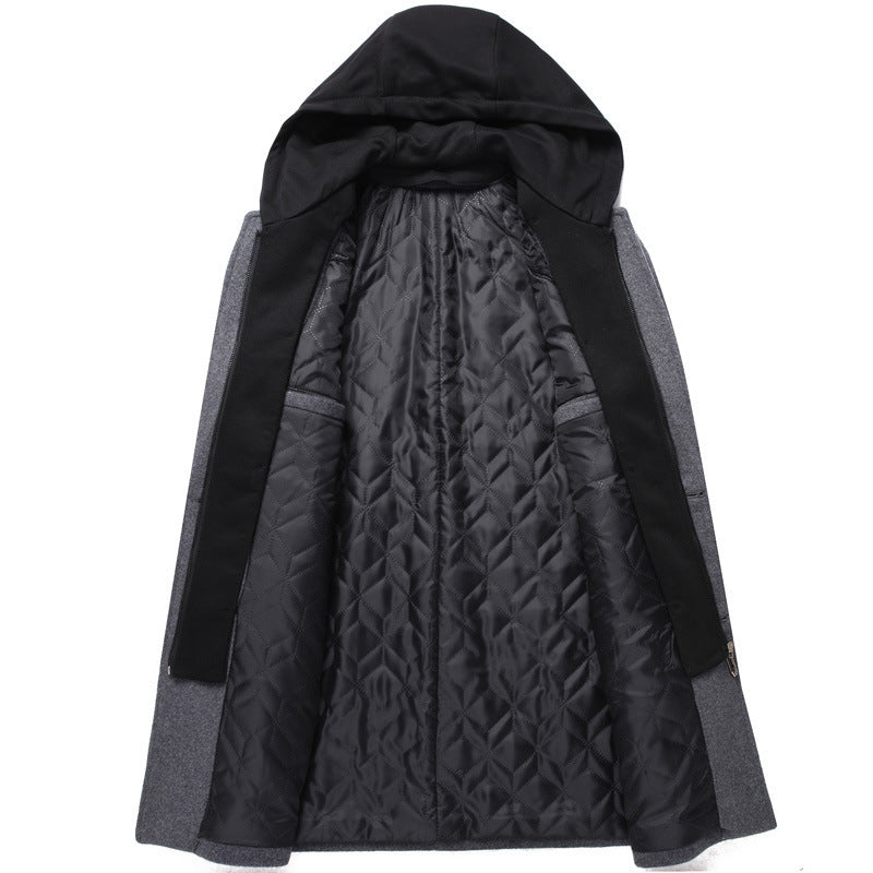 Chaqueta de abrigo de invierno de lana con capucha desmontable para hombre de longitud media con un solo pecho