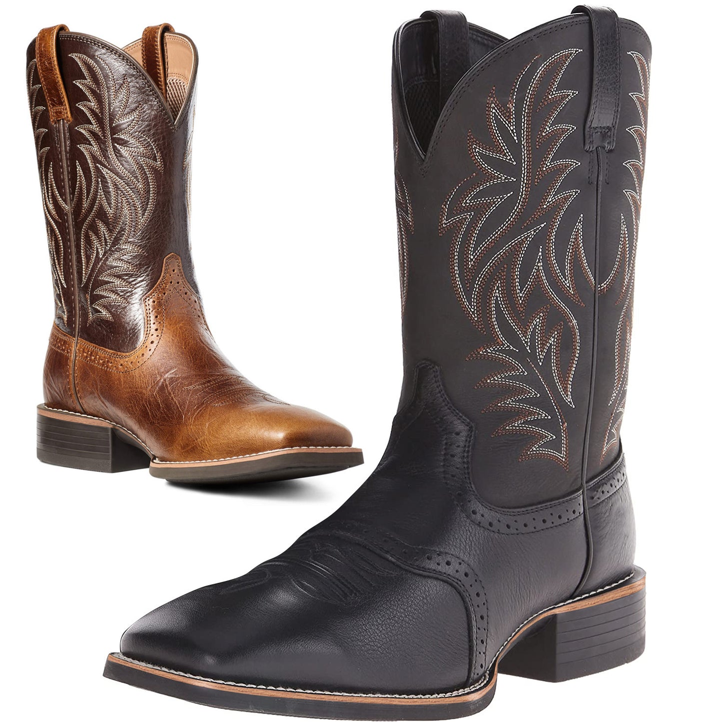 Bota de vaquero occidental con cabeza ancha y costura con grabado vintage y bordado alto