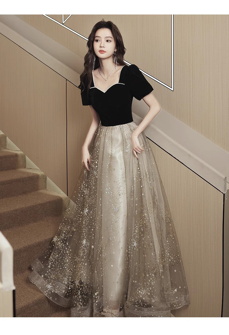 Vestido de noche negro, ligero y lujoso, de estilo francés para mujer.