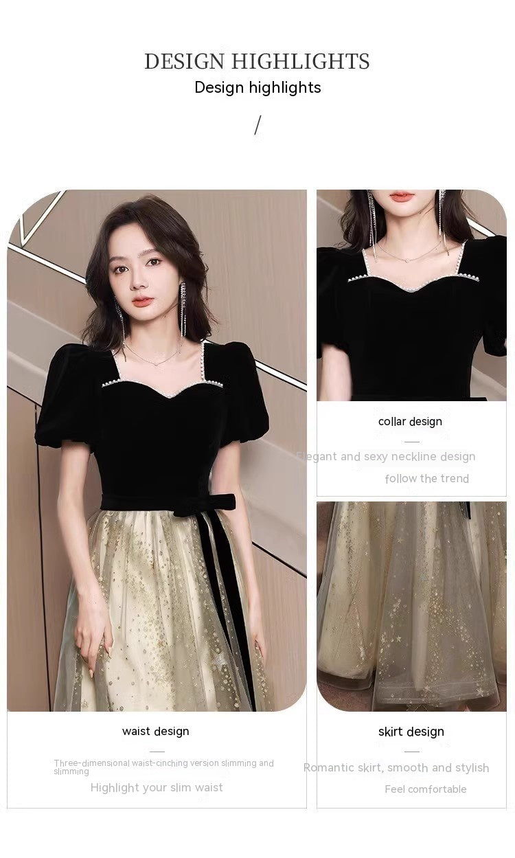 Vestido de noche negro, ligero y lujoso, de estilo francés para mujer.