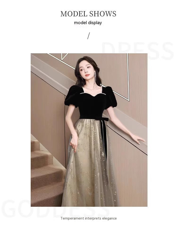 Vestido de noche negro, ligero y lujoso, de estilo francés para mujer.