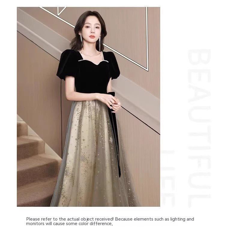Vestido de noche negro, ligero y lujoso, de estilo francés para mujer.