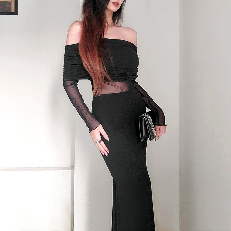 Vestido de poliéster de manga larga, plisado, con hombros descubiertos y sexy para mujer, de invierno