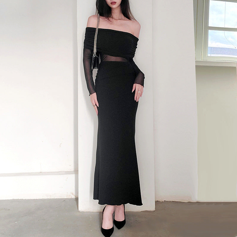 Vestido de poliéster de manga larga, plisado, con hombros descubiertos y sexy para mujer, de invierno
