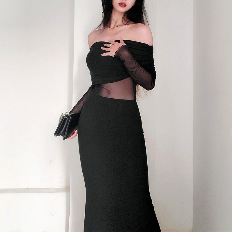 Vestido de poliéster de manga larga, plisado, con hombros descubiertos y sexy para mujer, de invierno