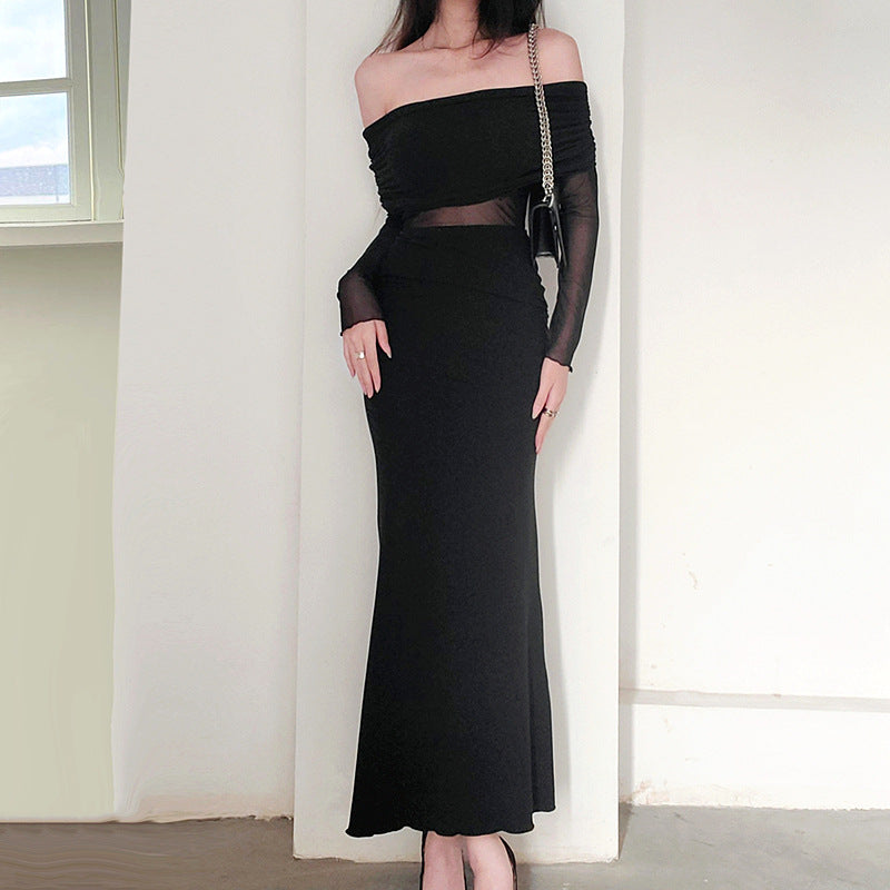 Vestido de poliéster de manga larga, plisado, con hombros descubiertos y sexy para mujer, de invierno