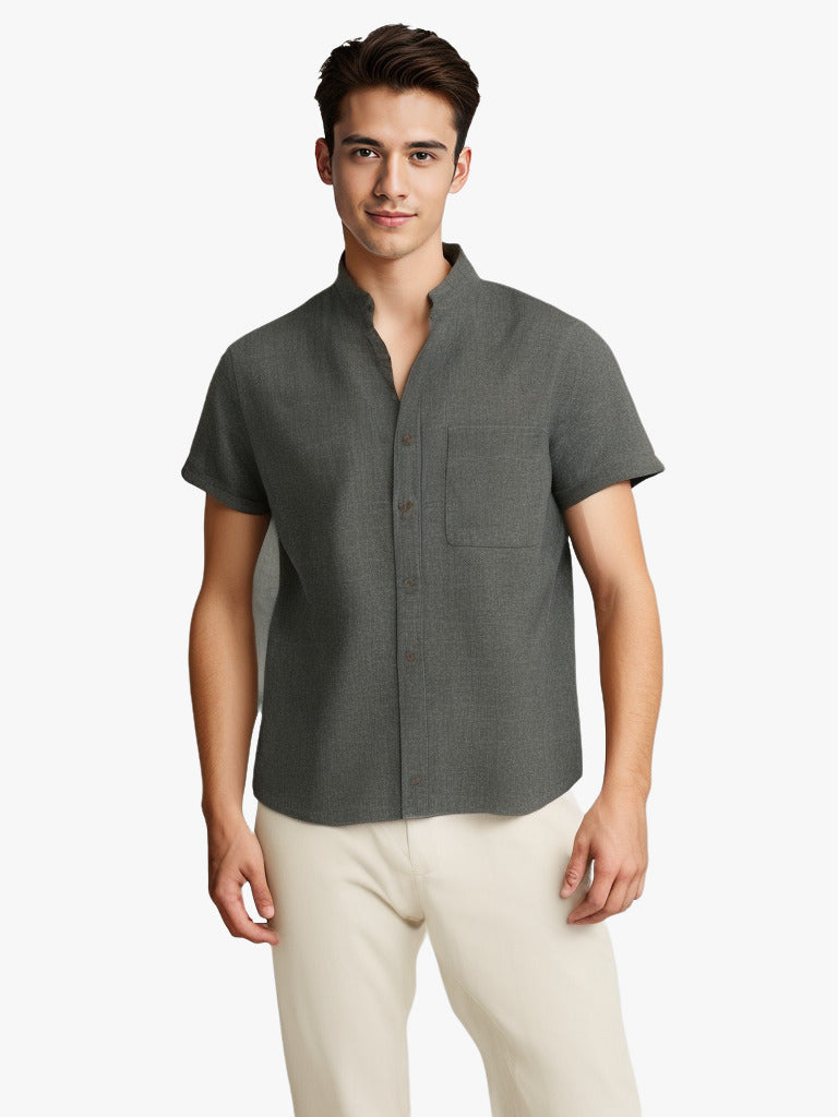 Camisa de solapa de manga corta de color liso, Top de algodón y lino transpirable de verano, ropa para hombre