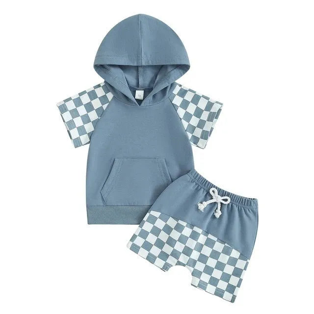 Traje de pantalones cortos y forro polar con capucha a cuadros para niños europeos y americanos de verano