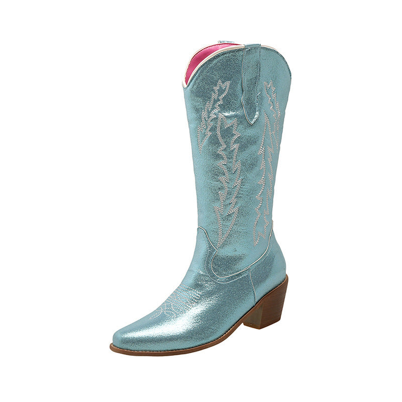 Botas de caballero con punta fluorescente y tacón grueso hasta media pantorrilla para mujer europea y americana
