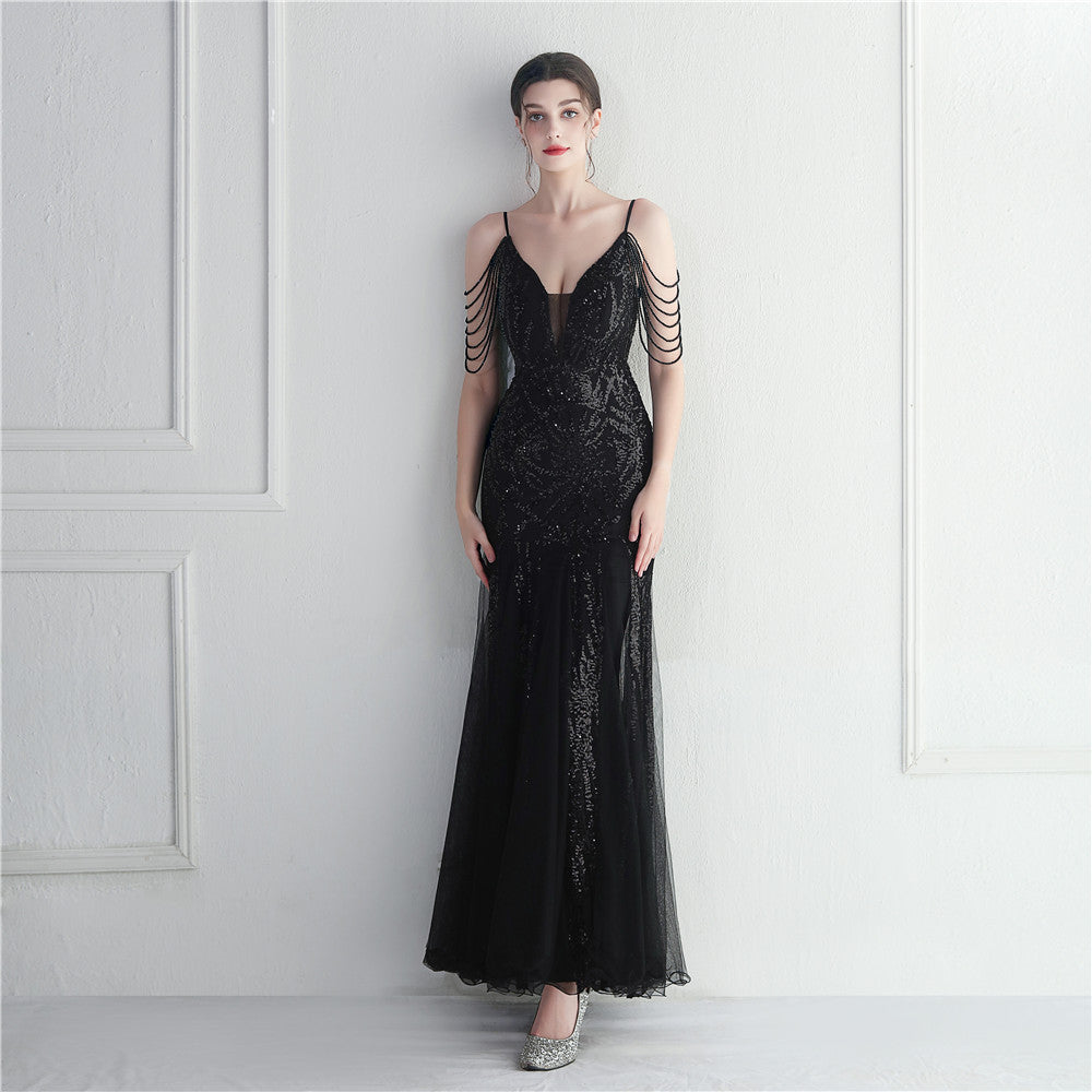 Vestido de noche largo camisola de malla con cuentas para novias y cenas de boda