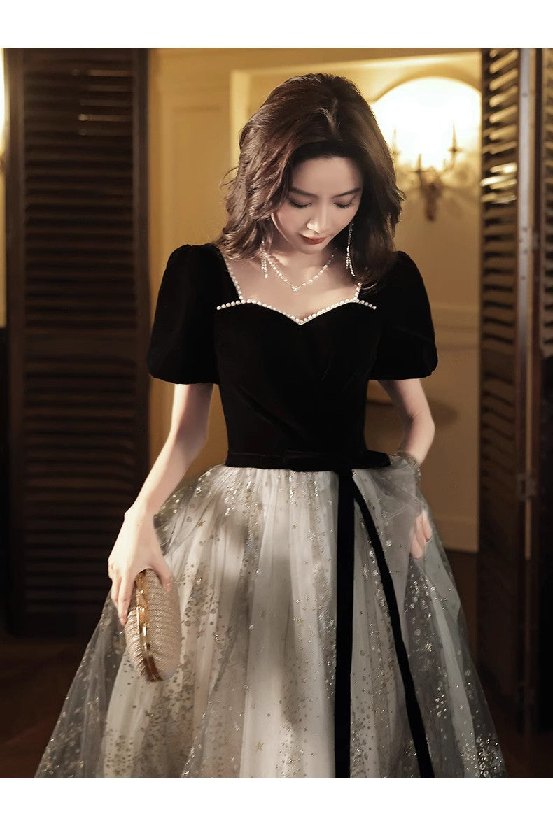 Vestido de noche negro, ligero y lujoso, de estilo francés para mujer.