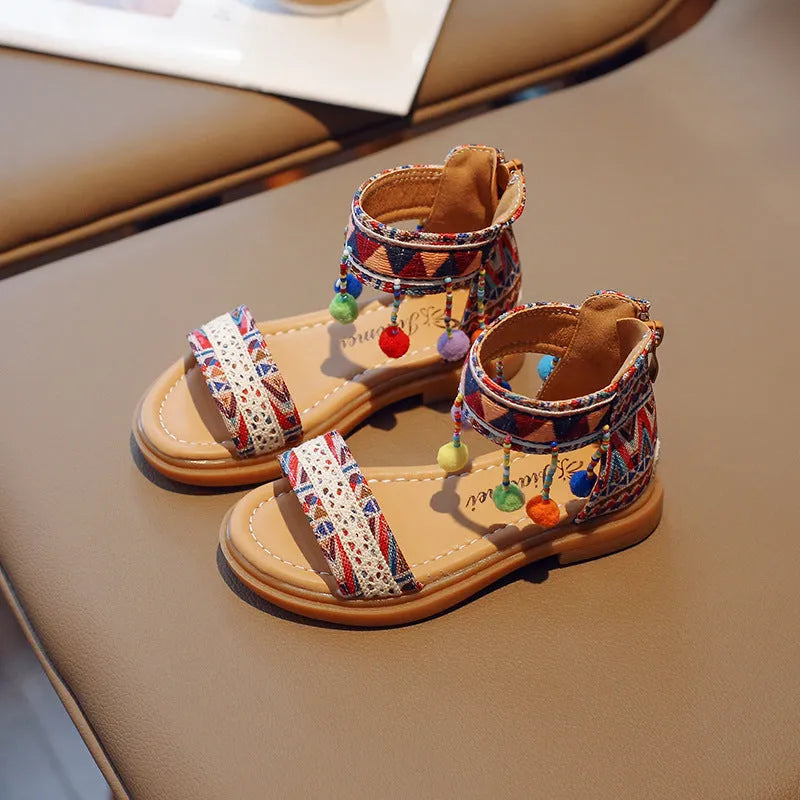 Sandalias de vacaciones de estilo étnico y extranjero para niñas