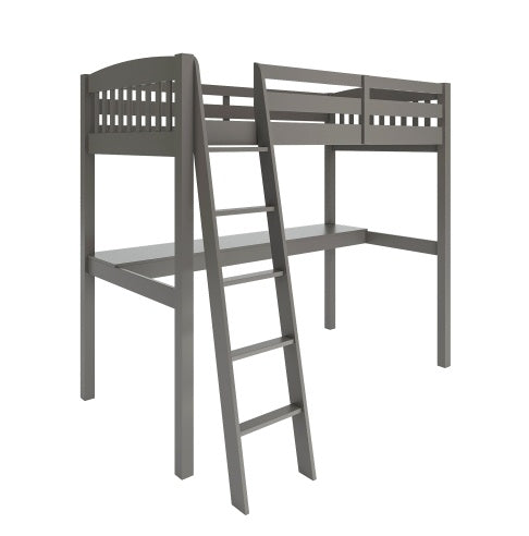 Cama alta Everest gris con escritorio y espacio de almacenamiento. Estructura de madera maciza resistente de tamaño completo con escaleras para niños pequeños. No necesita somier.