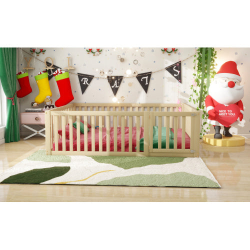 Kinderbett 140 X 200 Holzboden Bettrahmen Mit Zaun Und Tur Holzfarbe
