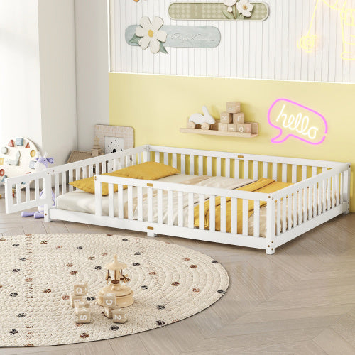 Cama Queen Size con base de suelo y barandillas de seguridad para niños, color blanco