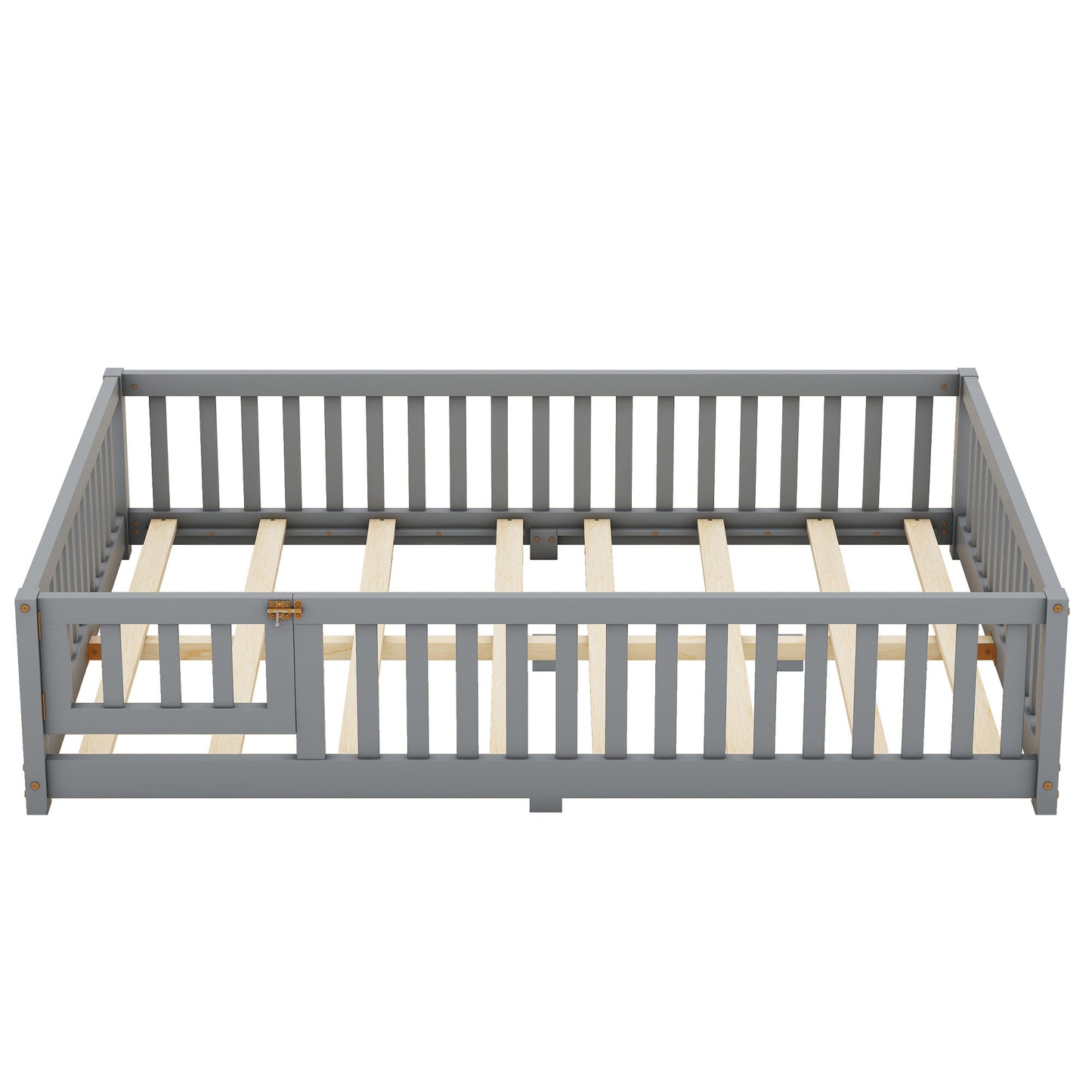 Cama de tamaño completo con barandillas de seguridad y puerta para niños, color gris