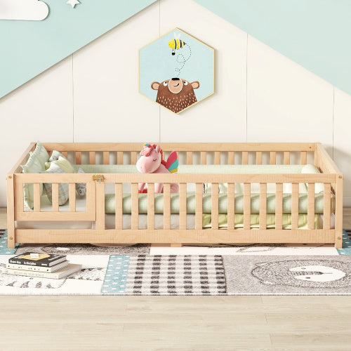 Cama de tamaño completo con barandillas de seguridad y puerta para niños, color natural