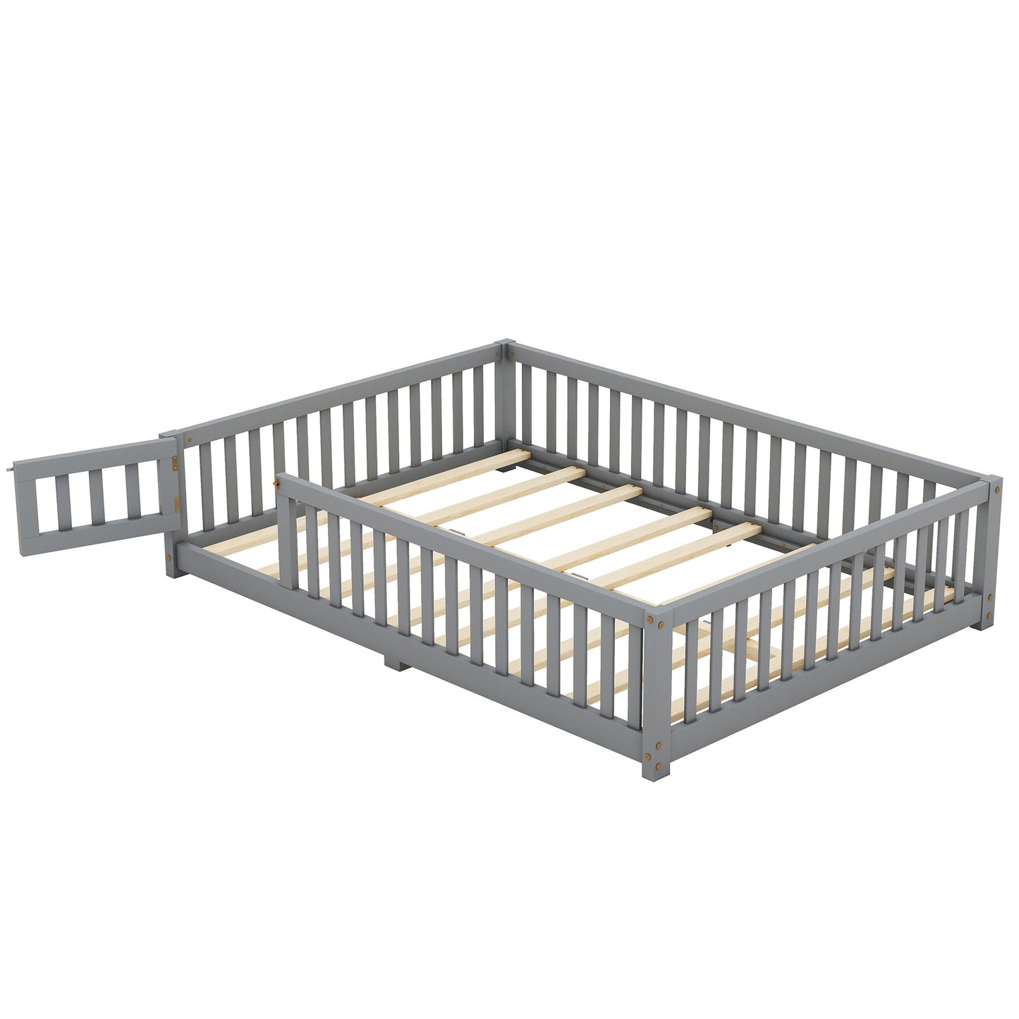 Cama de tamaño completo con barandillas de seguridad y puerta para niños, color gris