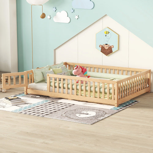 Cama de tamaño completo con barandillas de seguridad y puerta para niños, color natural