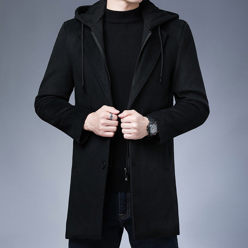 Chaqueta de abrigo de invierno de lana con capucha desmontable para hombre de longitud media con un solo pecho