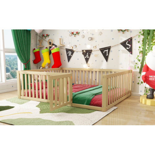 Kinderbett 140 X 200 Holzboden Bettrahmen Mit Zaun Und Tur Holzfarbe