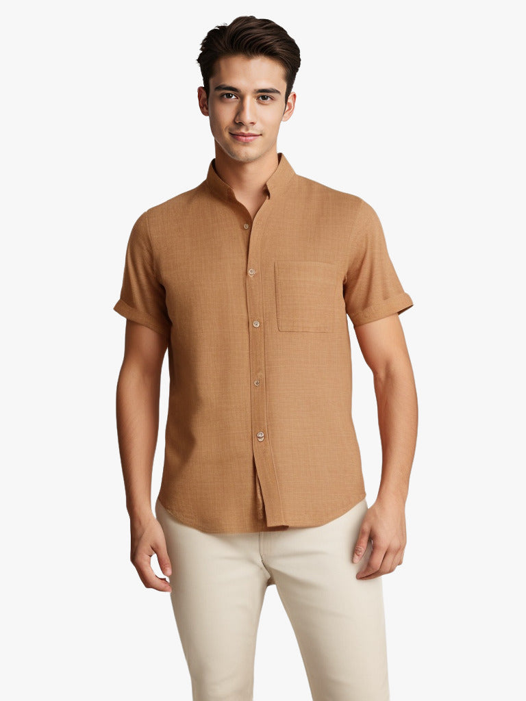 Camisa de solapa de manga corta de color liso, Top de algodón y lino transpirable de verano, ropa para hombre
