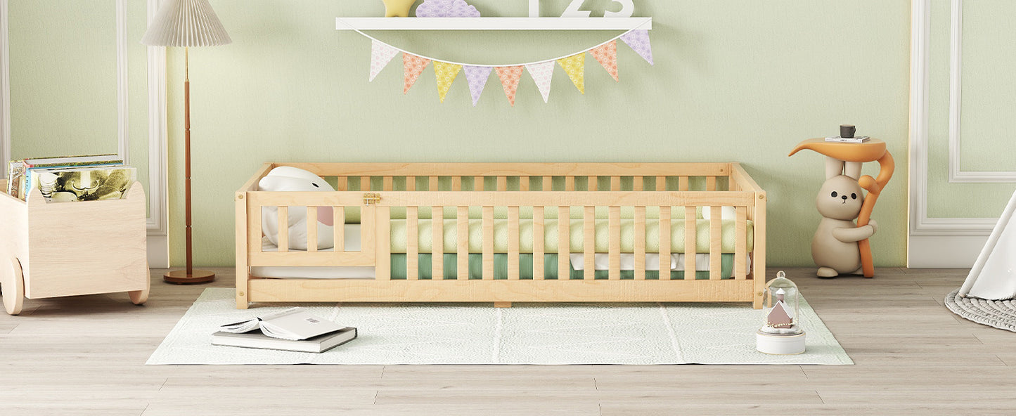 Twin Size Bed Floor Bed With Safety Guardrails And Door For Kids, Natural