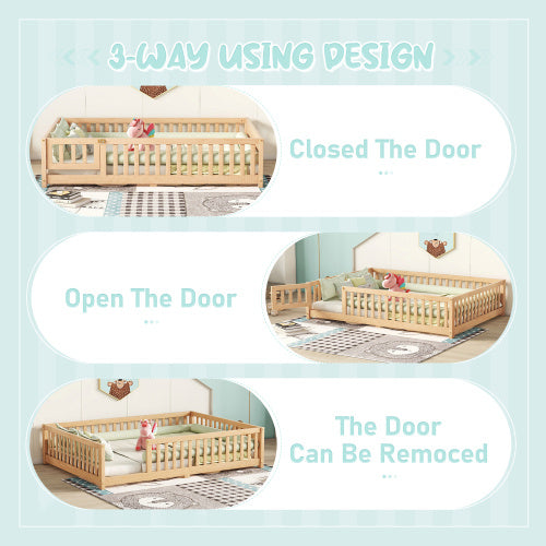 Cama de tamaño completo con barandillas de seguridad y puerta para niños, color natural