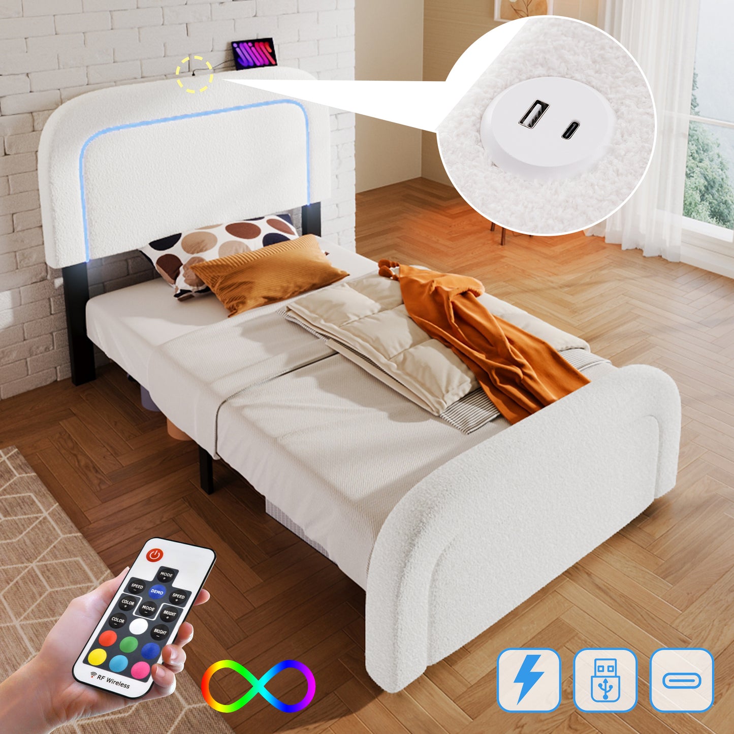 El marco de cama de madera tiene un colchón de 90 cm x 200 cm.