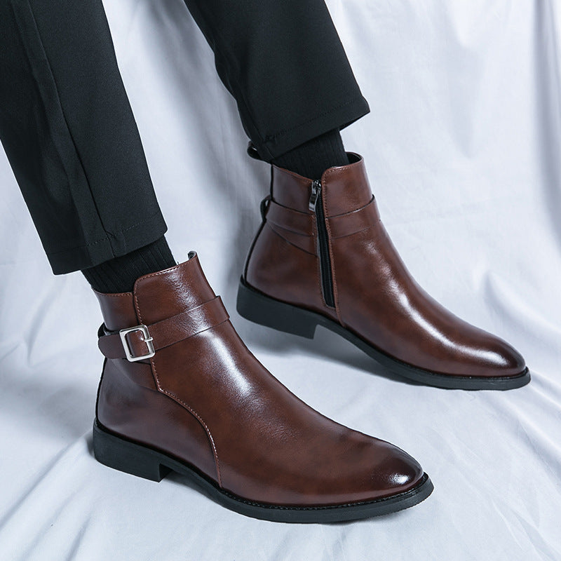 Zapatos de cuero de caña alta de moda de estilo británico para hombres Botas Martin de media caña con cremallera lateral