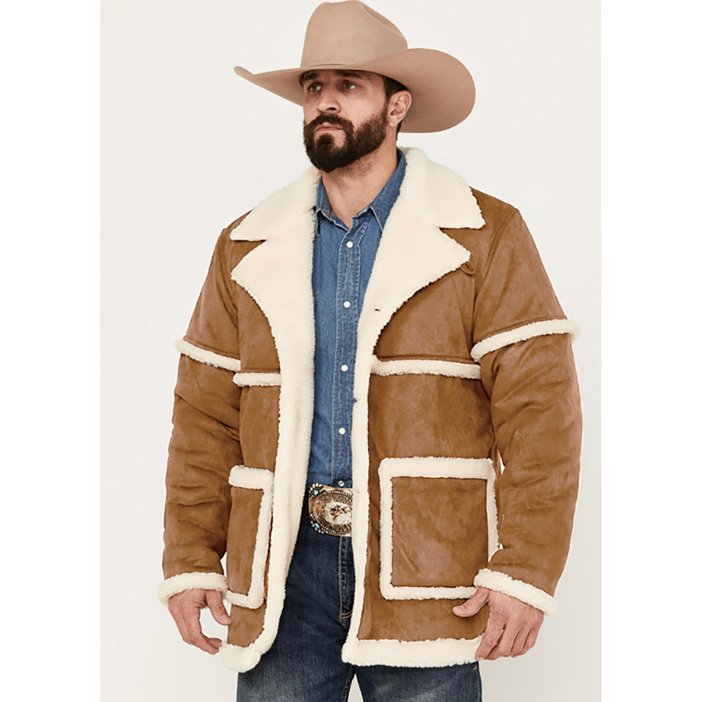 Chaqueta de forro polar dorada para hombre, abrigo grueso estilo británico con solapa de piel