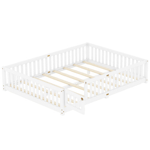 Cama Queen Size con base de suelo y barandillas de seguridad para niños, color blanco