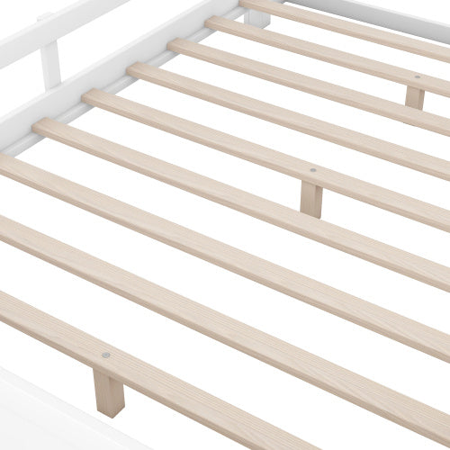 Cama de plataforma de madera tamaño completo con luz LED incorporada, cabecero con espacio de almacenamiento y barandilla, color blanco