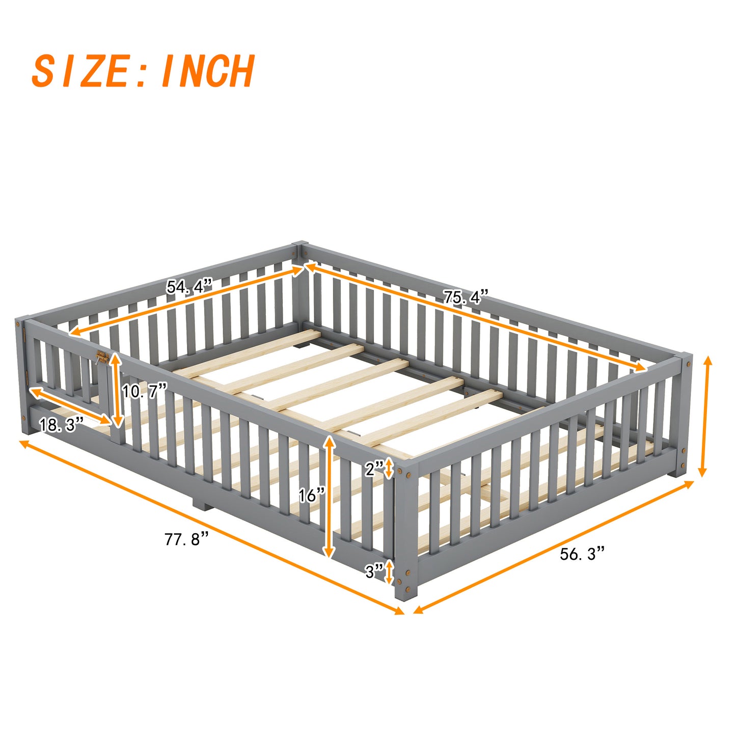Cama de tamaño completo con barandillas de seguridad y puerta para niños, color gris