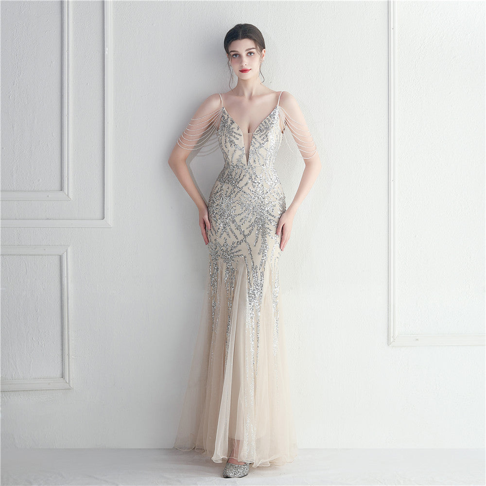 Vestido de noche largo camisola de malla con cuentas para novias y cenas de boda