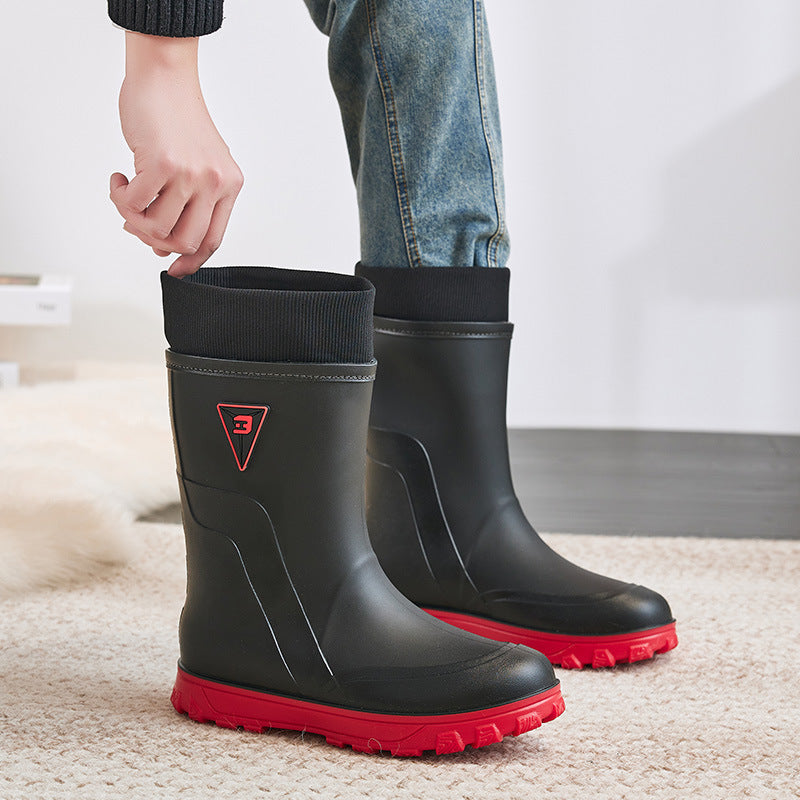 Botas de lluvia térmicas para hombre, tubo medio alto de algodón fijo